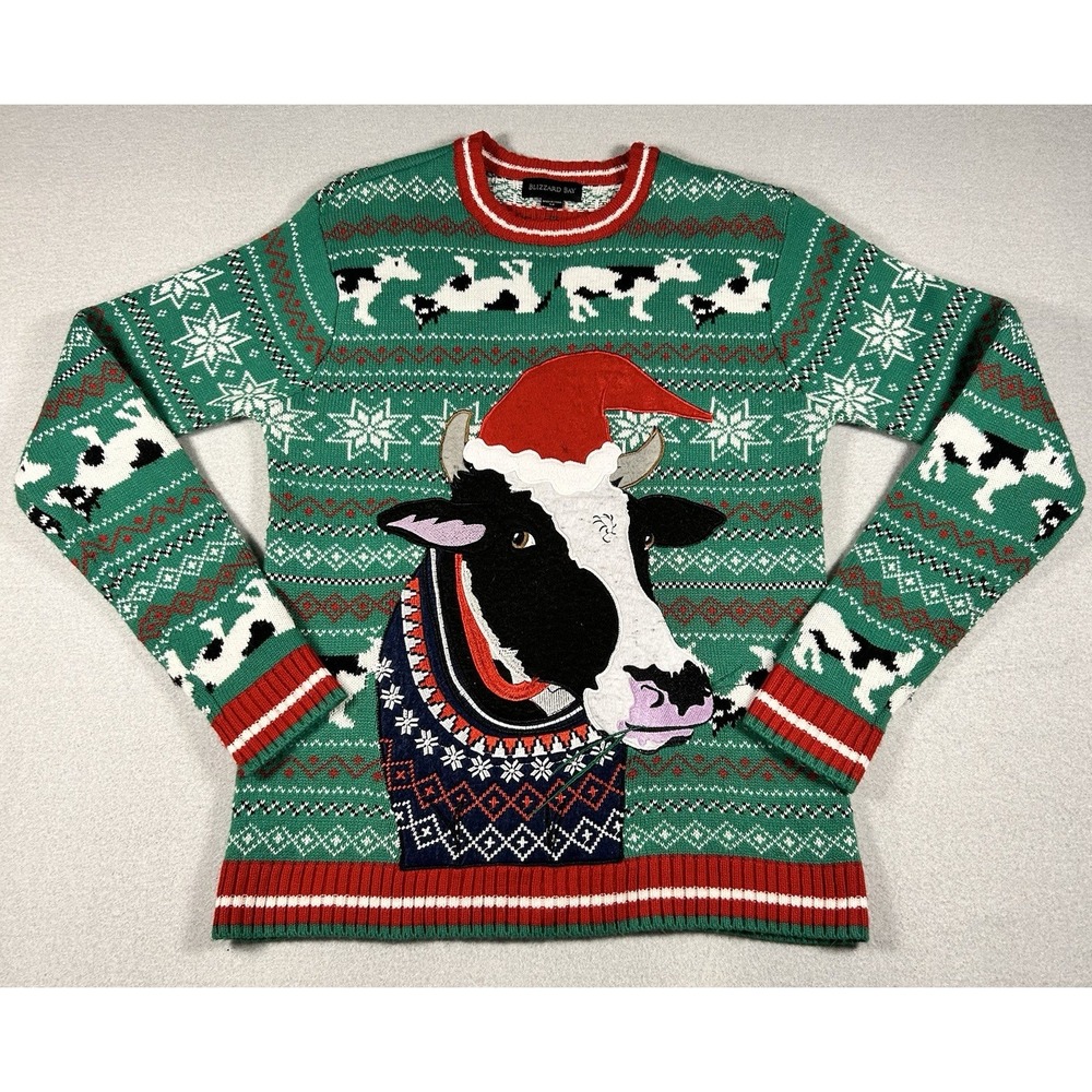 Mens Ugly Christmas Sweater Cow Santa Hat Green MEDIUM Holiday 3D Farmer